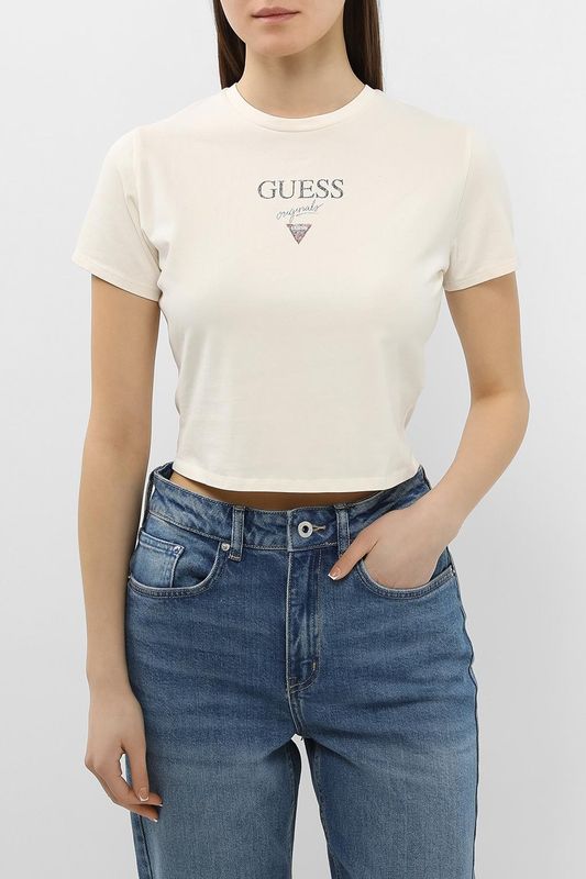 Футболка хлопковая с логотипом укороченная Guess